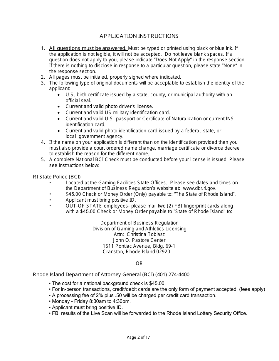Non-facility / Vendor Gaming Employees License Application - Rhode Island, Page 2