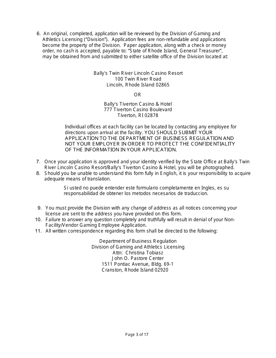 Non-facility / Vendor Gaming Employees License Application - Rhode Island, Page 3