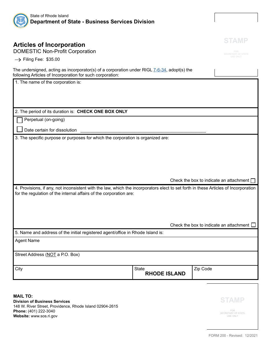 Form 200 Articles of Incorporation - Domestic Non-profit Corporation - Rhode Island, Page 2