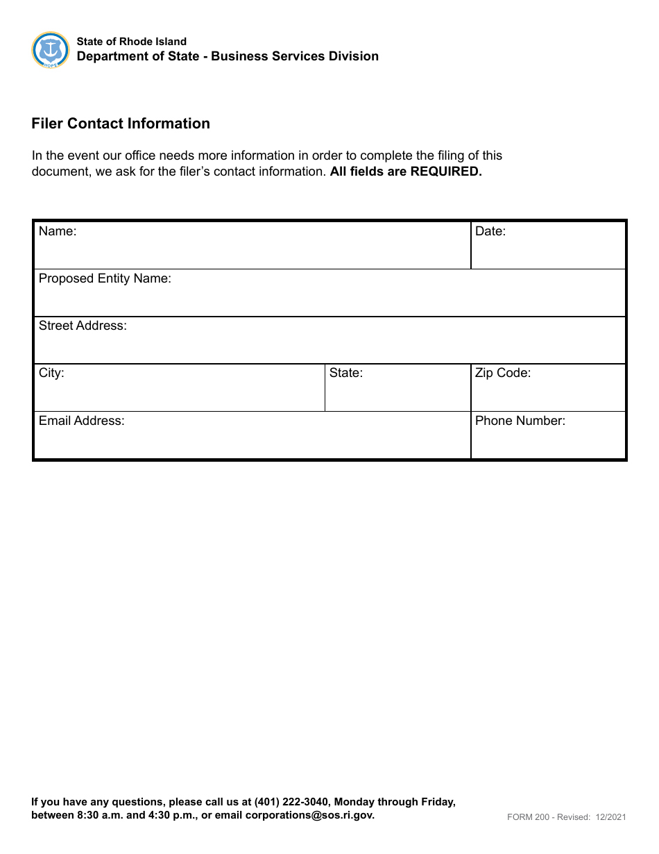 Form 200 Articles of Incorporation - Domestic Non-profit Corporation - Rhode Island, Page 4