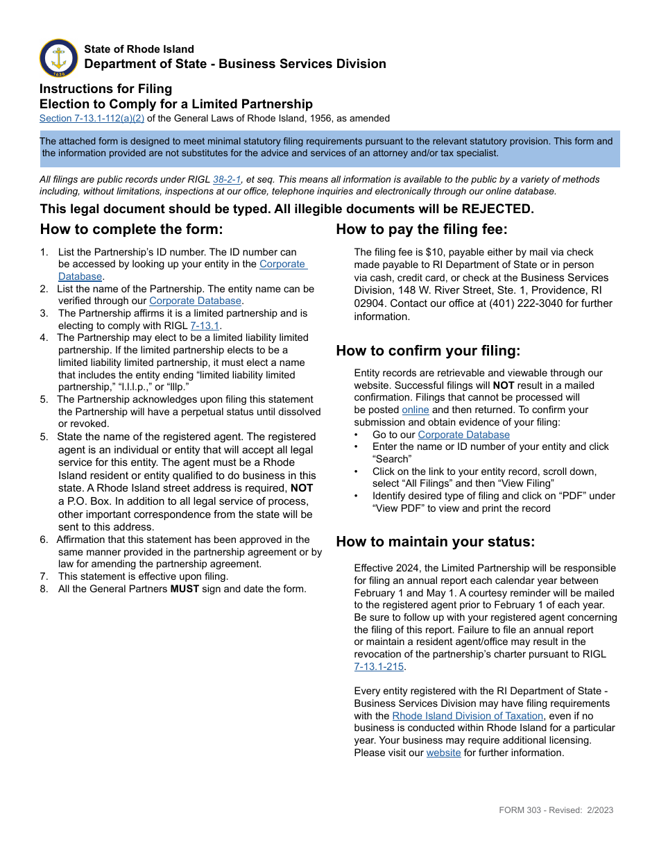 Form 303 Election to Comply for a Limited Partnership - Rhode Island, Page 1