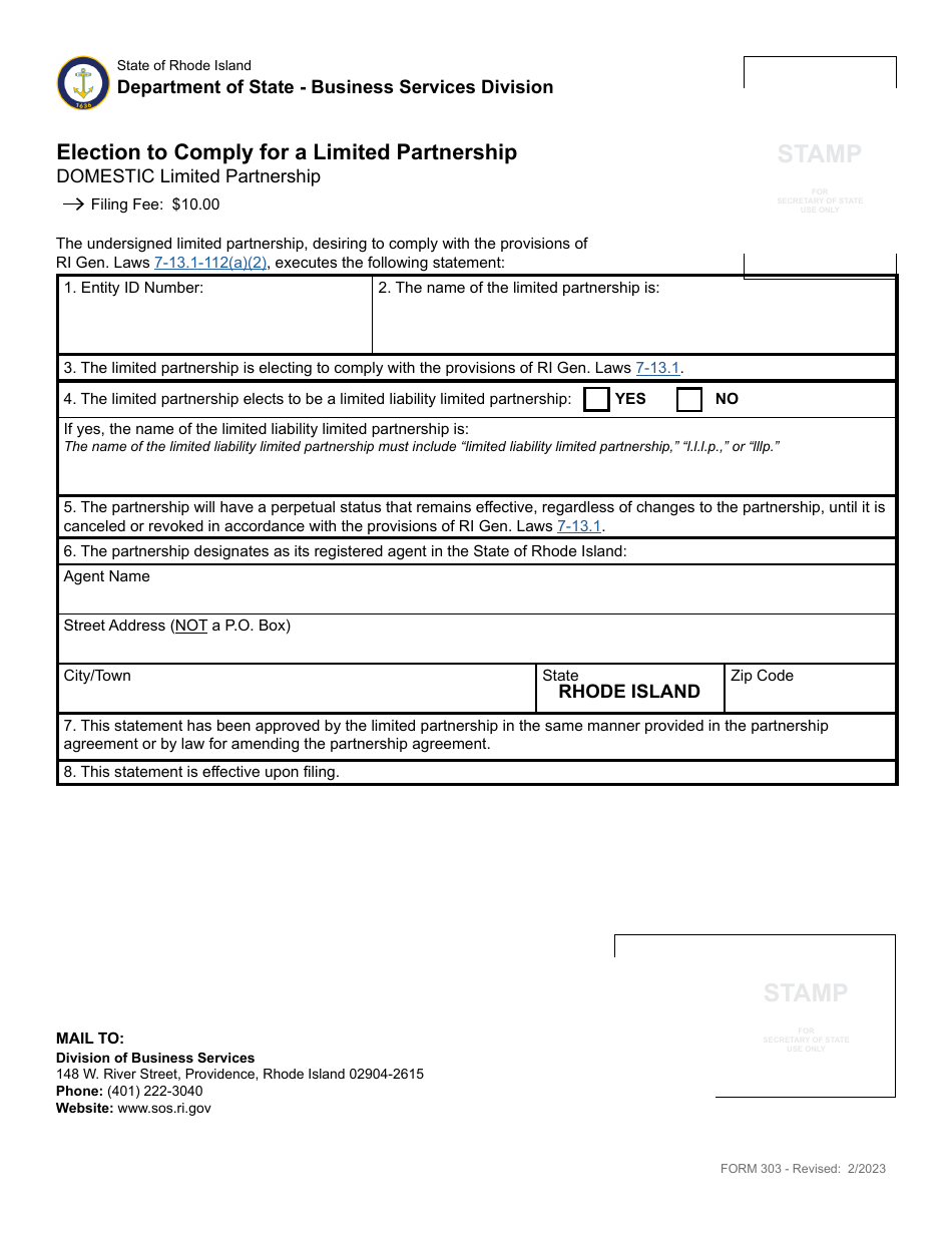 Form 303 Election to Comply for a Limited Partnership - Rhode Island, Page 2