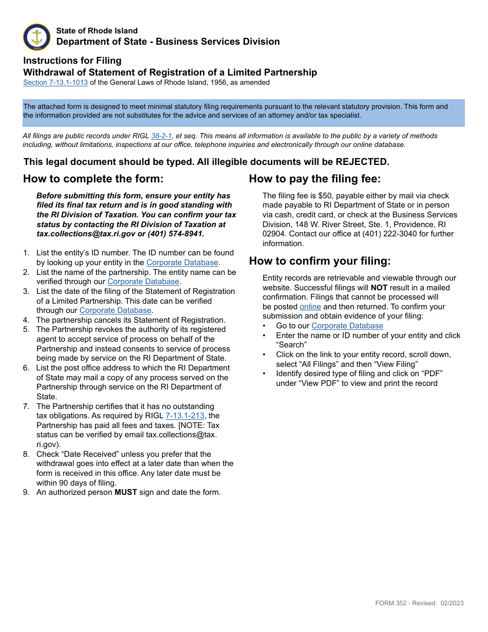 Form 352 - Fill Out, Sign Online and Download Fillable PDF, Rhode ...