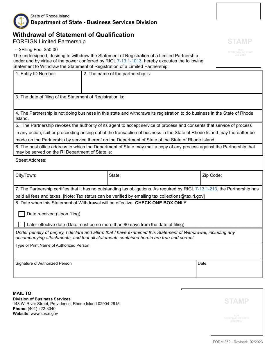 Form 352 Withdrawal of Statement of Registration of a Limited Partnership - Rhode Island, Page 2
