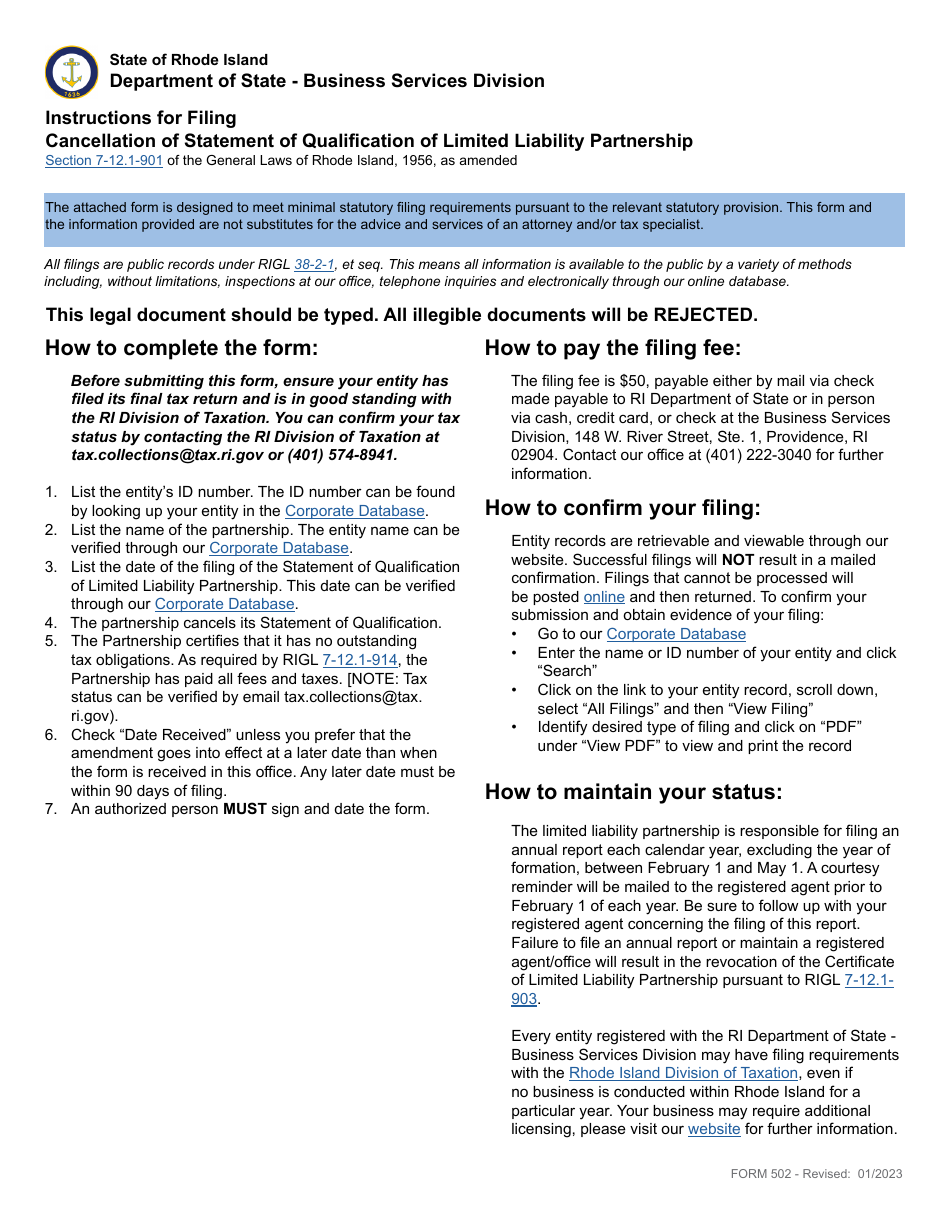 Form 502 Cancellation of Statement of Qualification of Limited Liability Partnership - Rhode Island, Page 1