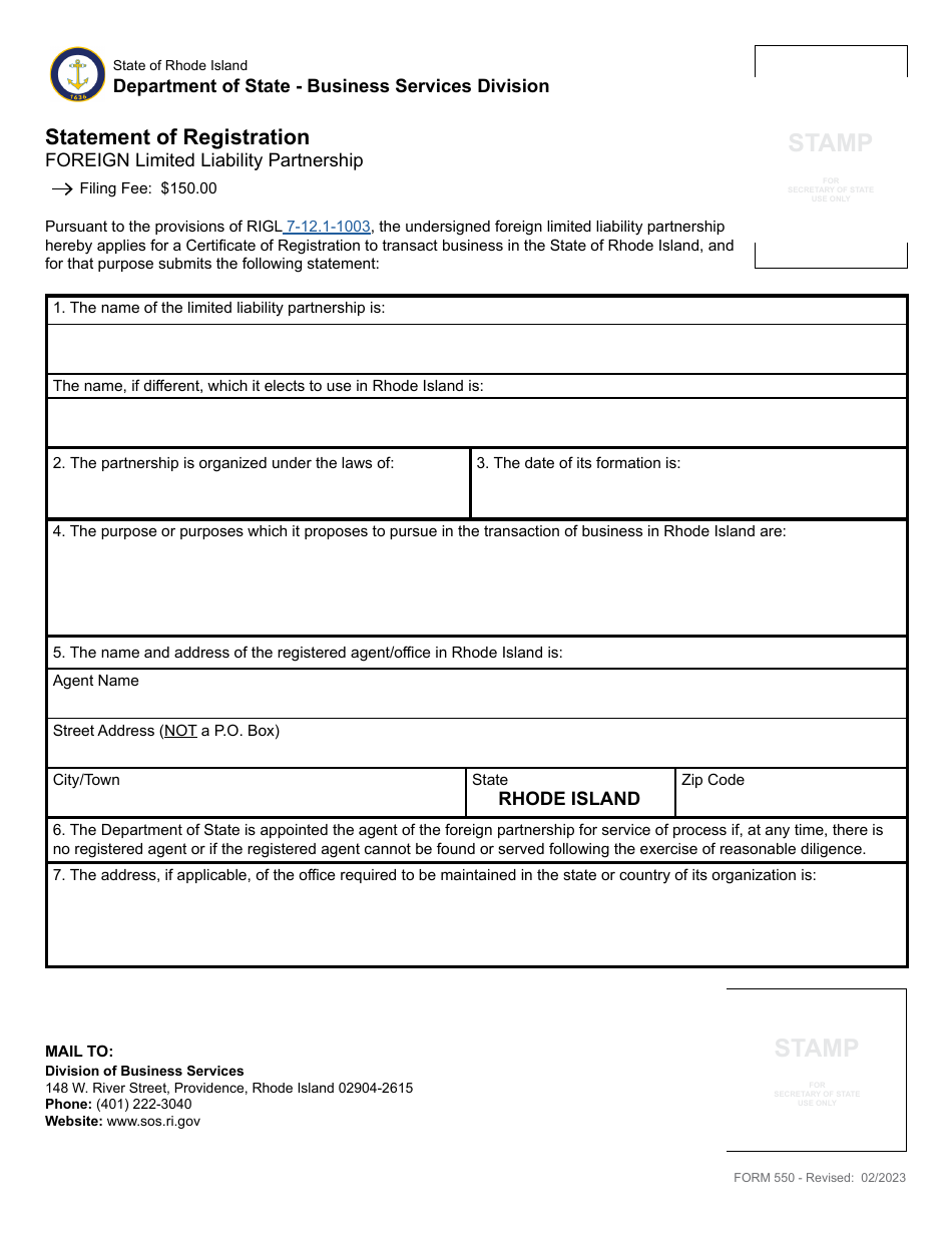 Form 550 Application for Statement of Registration for a Limited Liability Partnership - Rhode Island, Page 3