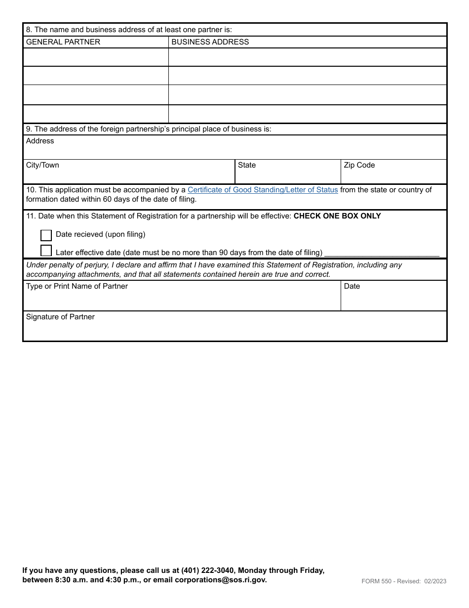 Form 550 Application for Statement of Registration for a Limited Liability Partnership - Rhode Island, Page 4