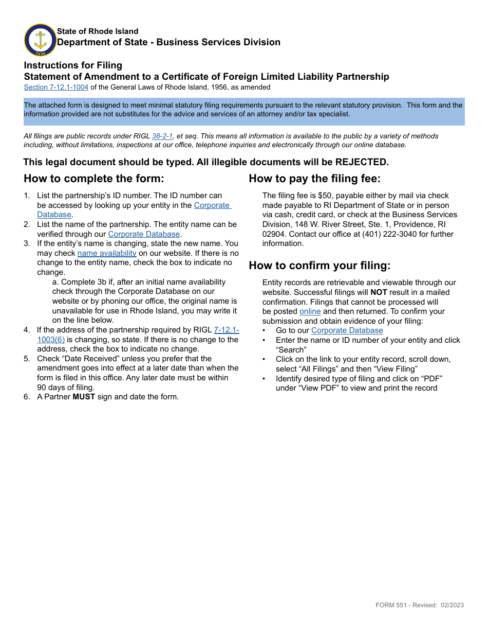 Form 551 Statement of Amendment to a Certificate of Foreign Limited Liability Partnership - Rhode Island, Page 1