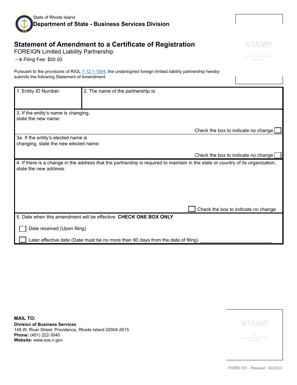 Form 551 Statement of Amendment to a Certificate of Foreign Limited Liability Partnership - Rhode Island, Page 2
