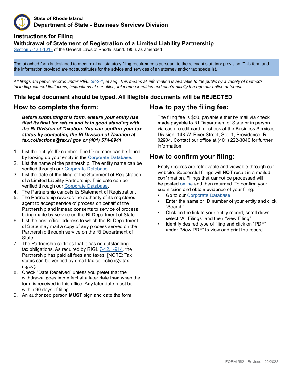 Form 552 Withdrawal of Statement of Registration of a Limited Liability Partnership - Rhode Island, Page 1