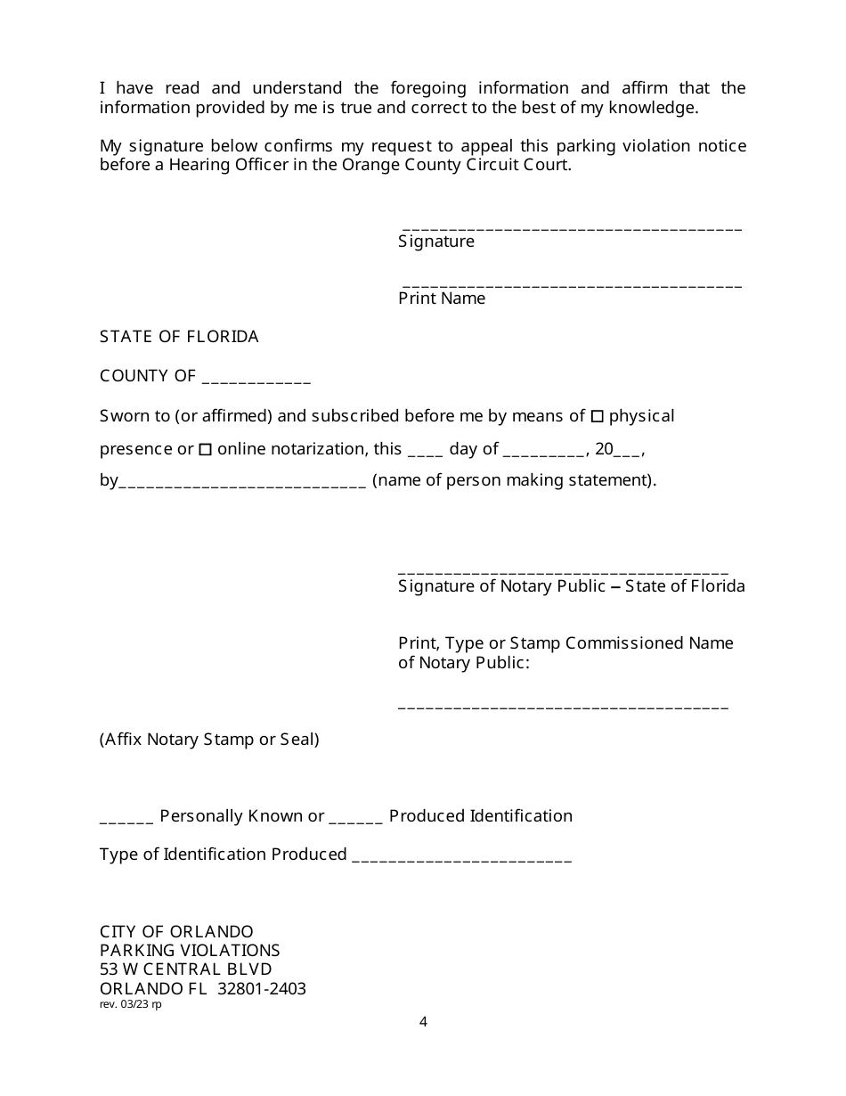 Parking Ticket Appeal Form - City of Orlando, Florida, Page 4