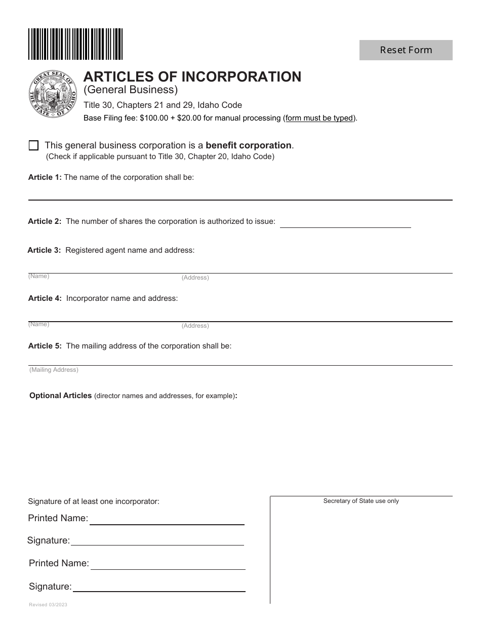 Articles of Incorporation (General Business) - Idaho, Page 1