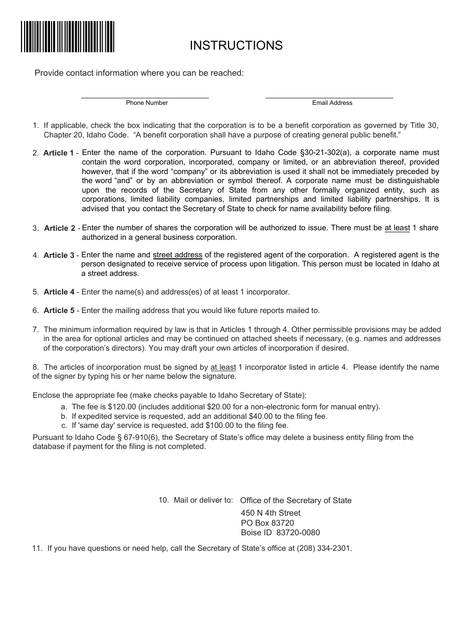 Articles of Incorporation (General Business) - Idaho, Page 2
