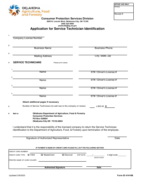 Application for Service Technician Identification - Oklahoma Download Pdf