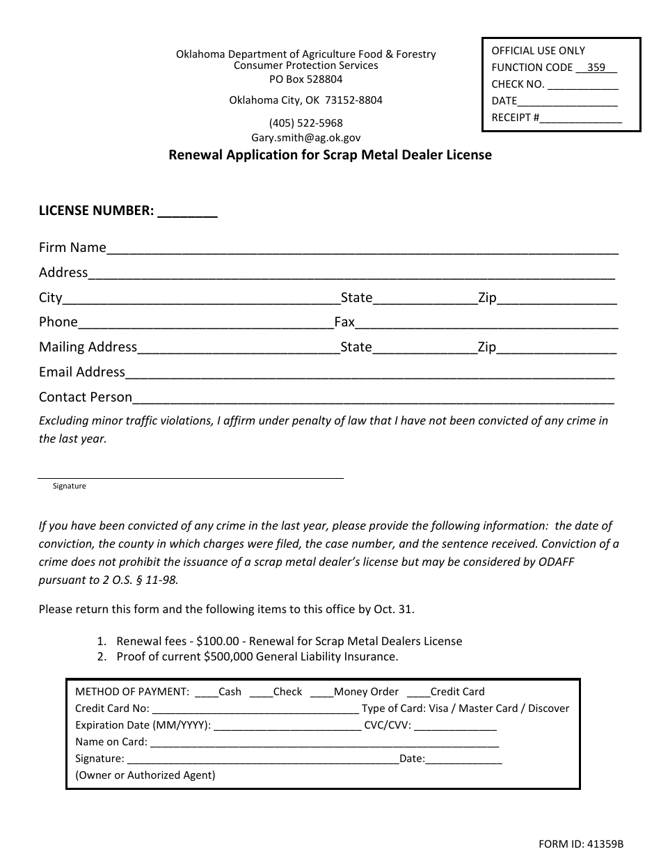 Renewal Application for Scrap Metal Dealer License - Oklahoma, Page 1