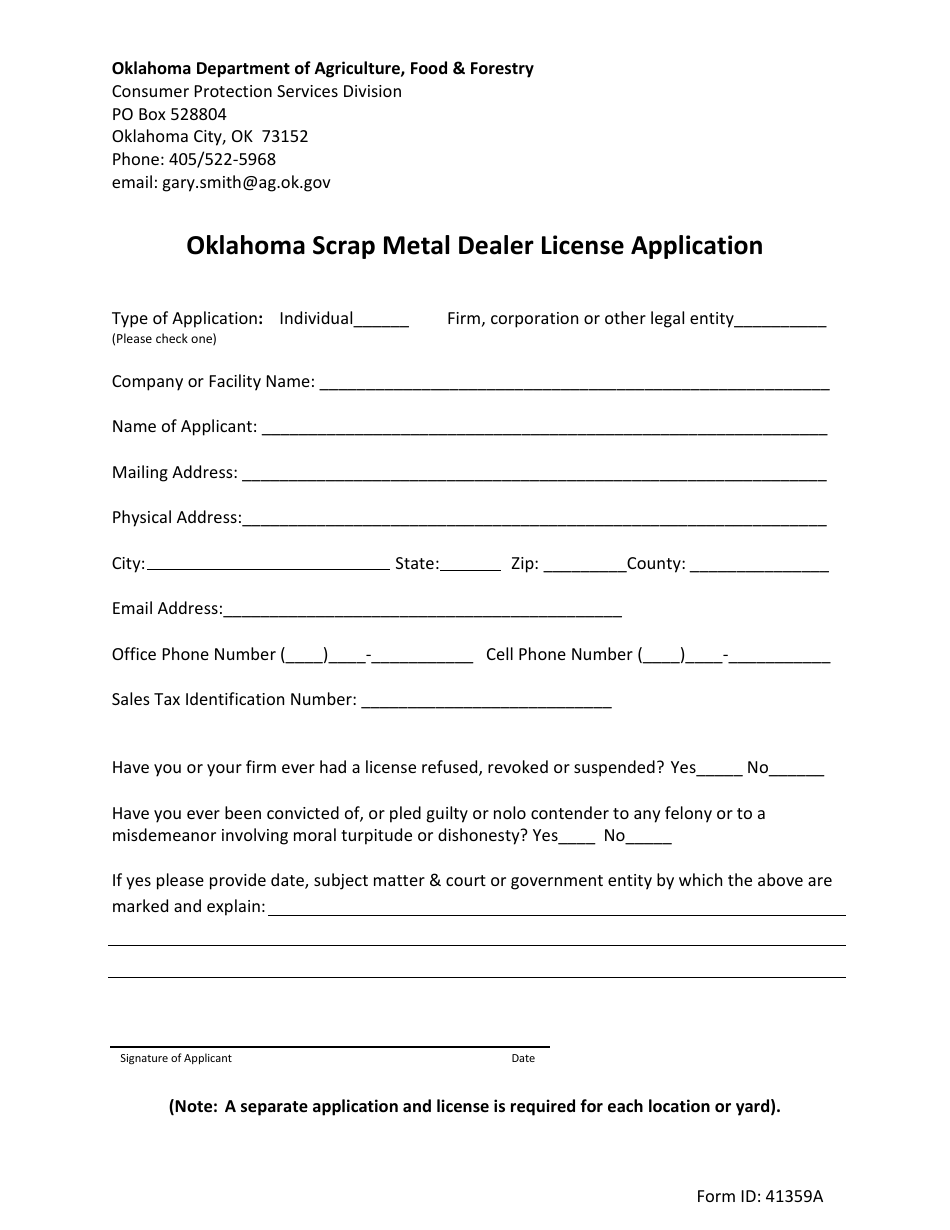Oklahoma Oklahoma Scrap Metal Dealer License Application Fill Out