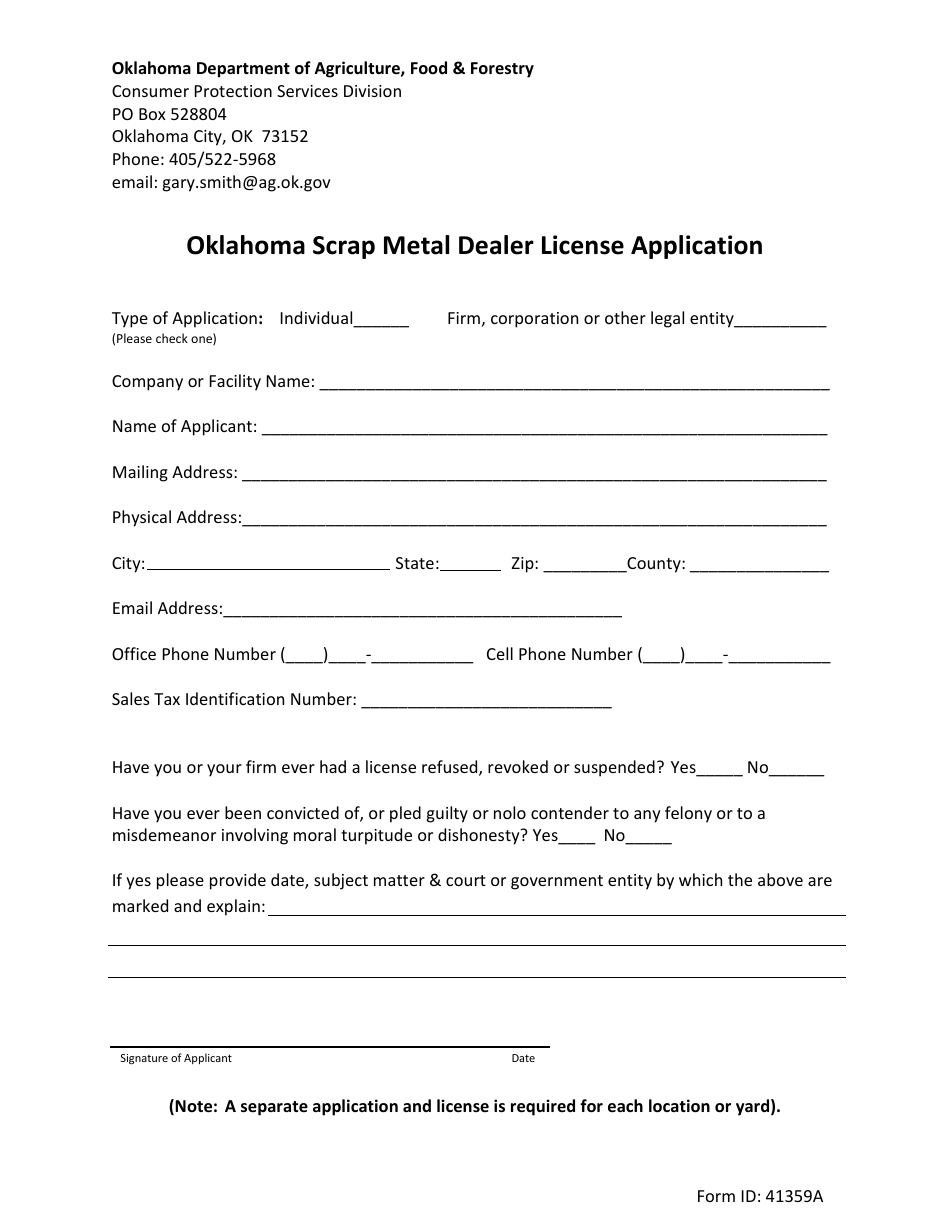 Oklahoma Scrap Metal Dealer License Application - Oklahoma, Page 1