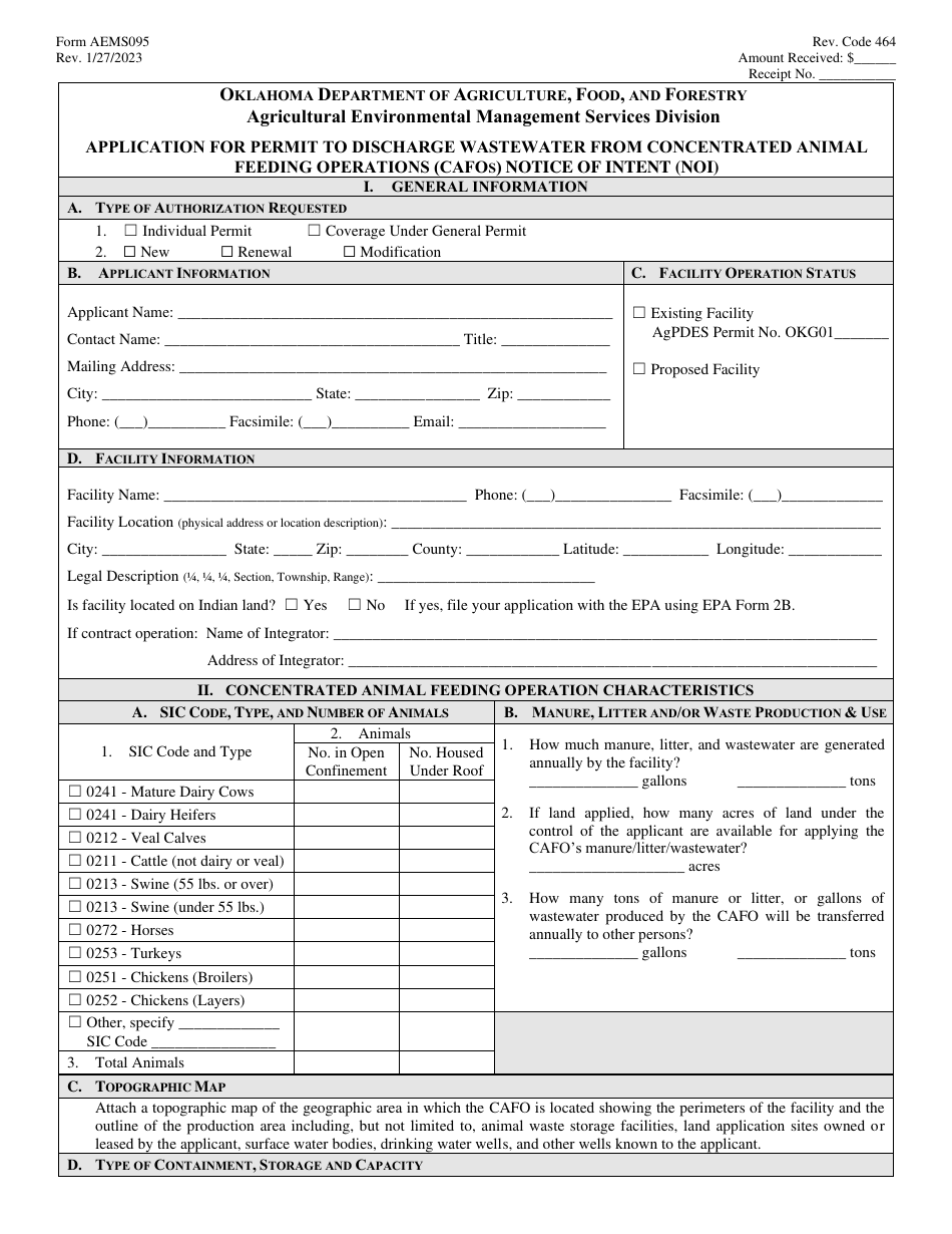 Form AEMS095 Application for Permit to Discharge Wastewater From Concentrated Animal Feeding Operations (Cafos) Notice of Intent (Noi) - Oklahoma, Page 1