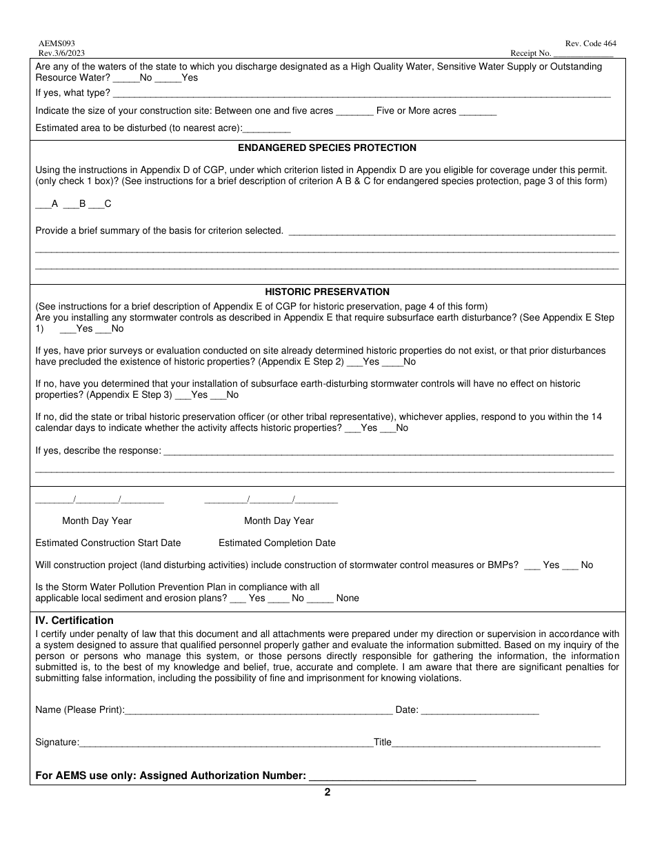 Form AEMS093 Notice of Intent (Noi) for Storm Water Discharges Associated With Agricultural 2023 Construction Activity Under the Agpdes Construction General Permit (Cgp) - Oklahoma, Page 2