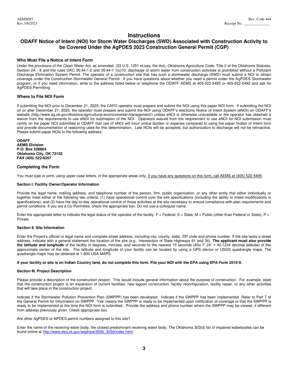 Form AEMS093 Notice of Intent (Noi) for Storm Water Discharges Associated With Agricultural 2023 Construction Activity Under the Agpdes Construction General Permit (Cgp) - Oklahoma, Page 3
