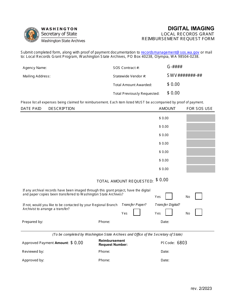Digital Imaging Local Records Grant Reimbursement Request Form - Washington, Page 1
