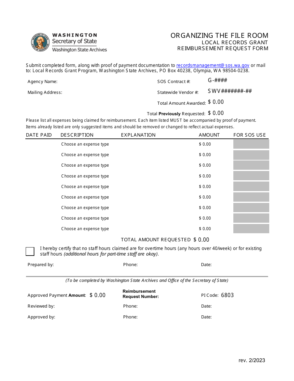 Organizing the File Room Local Records Grant Reimbursement Request Form - Washington, Page 1