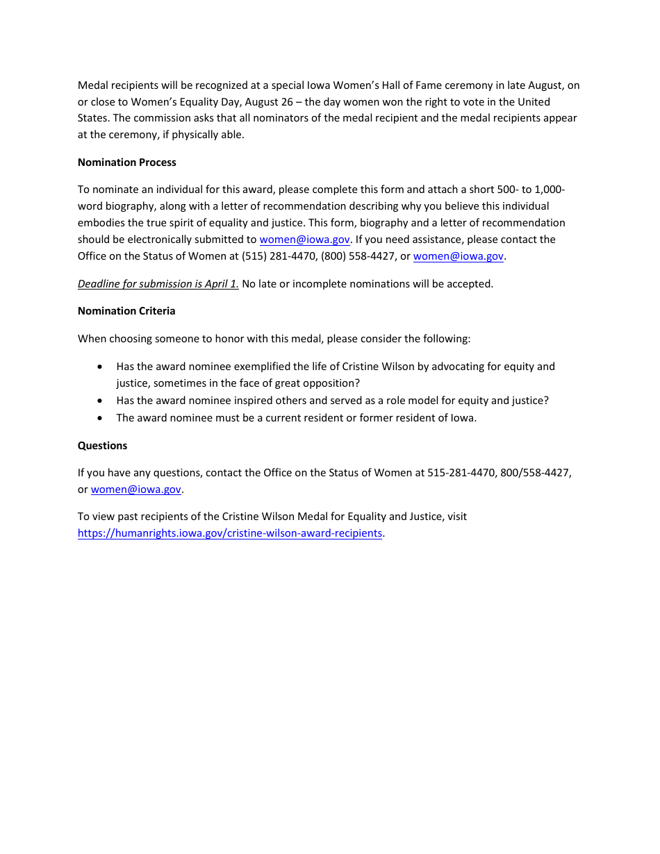 Iowa Womens Hall of Fame Cristine Wilson Medal for Equality and Justice Nomination Form - Iowa, Page 2