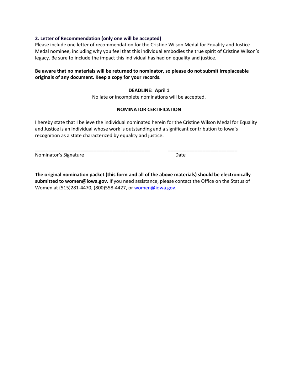 Iowa Womens Hall of Fame Cristine Wilson Medal for Equality and Justice Nomination Form - Iowa, Page 4