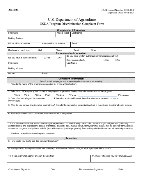 Form AD-3027 Usda Program Discrimination Complaint Form