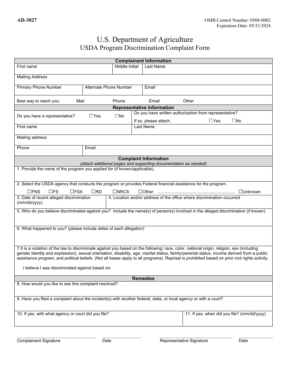 Form AD-3027 Usda Program Discrimination Complaint Form, Page 1