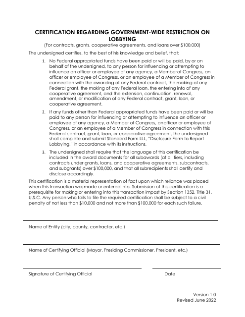 Certification Regarding Government-Wide Restriction on Lobbying - Missouri Download Pdf
