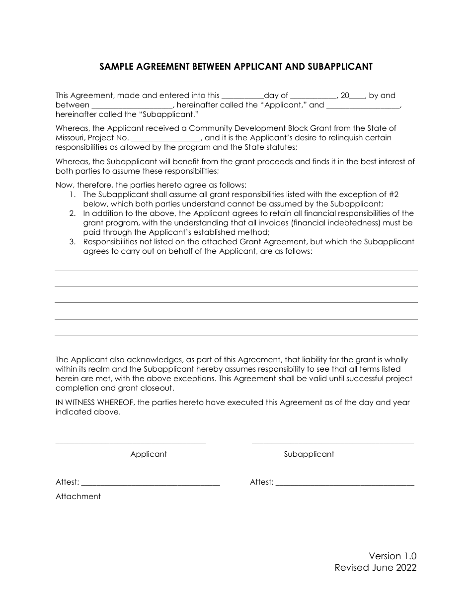 Sample Agreement Between Applicant and Subapplicant - Community Development Block Grant - Missouri, Page 1