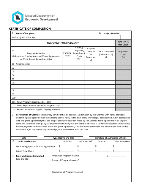 Certificate of Completion - Missouri Download Pdf