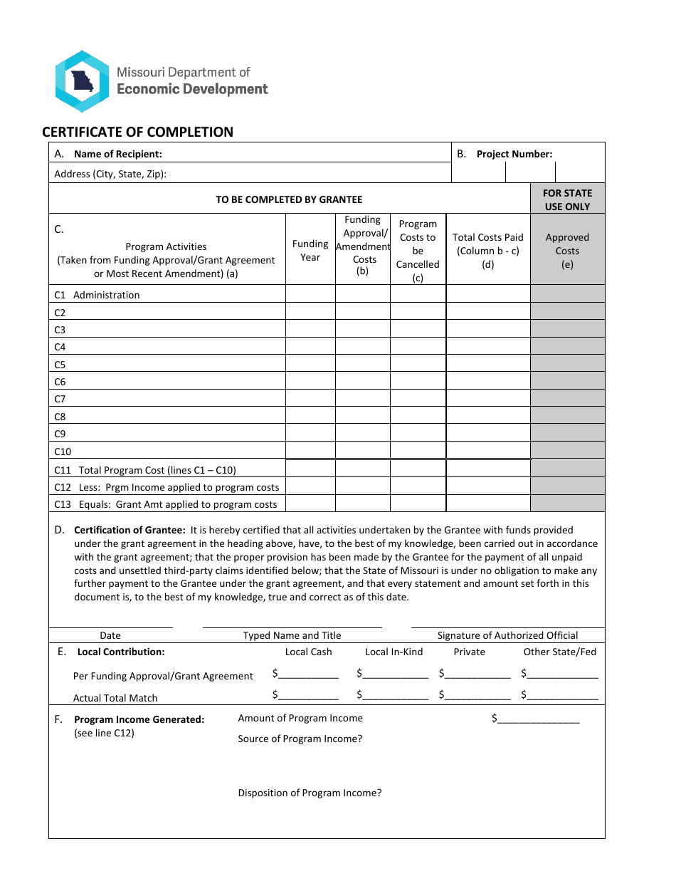 Certificate of Completion - Missouri, Page 1