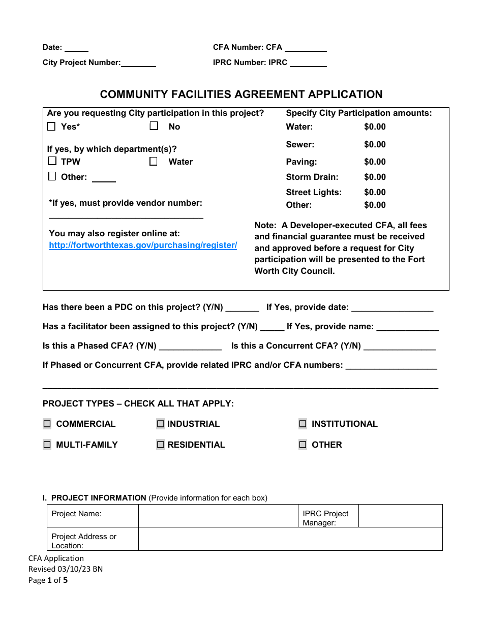 Community Facilities Agreement Application - City of Fort Worth, Texas, Page 1