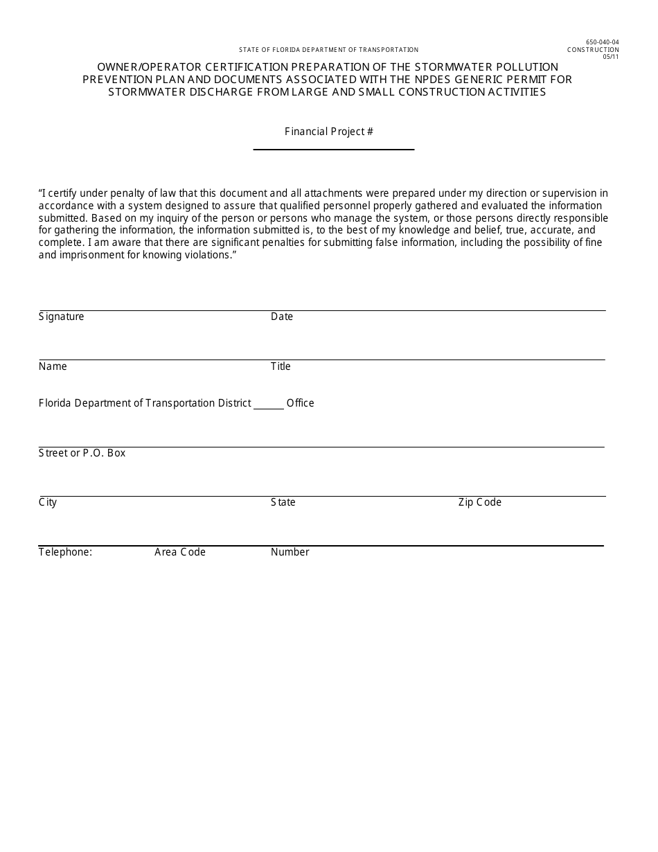 Form 650-040-04 Owner / Operator Certification Preparation of the Stormwater Pollution Prevention Plan and Documents Associated With the Npdes Generic Permit for Stormwater Discharge From Large and Small Construction Activities - Florida, Page 1