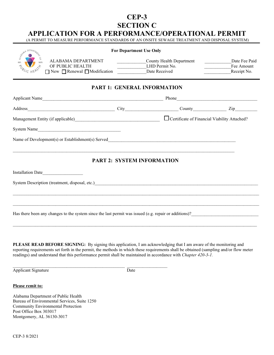 Form CEP-3 Section C Application for a Performance / Operational Permit - Alabama, Page 1