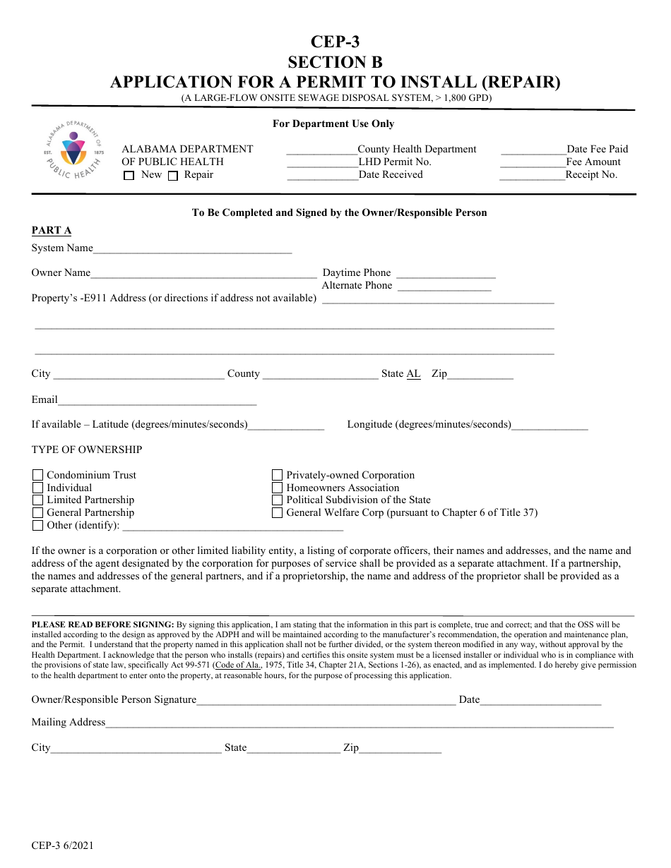 Form CEP-3 Section B Application for a Permit to Install (Repair) - Alabama, Page 1