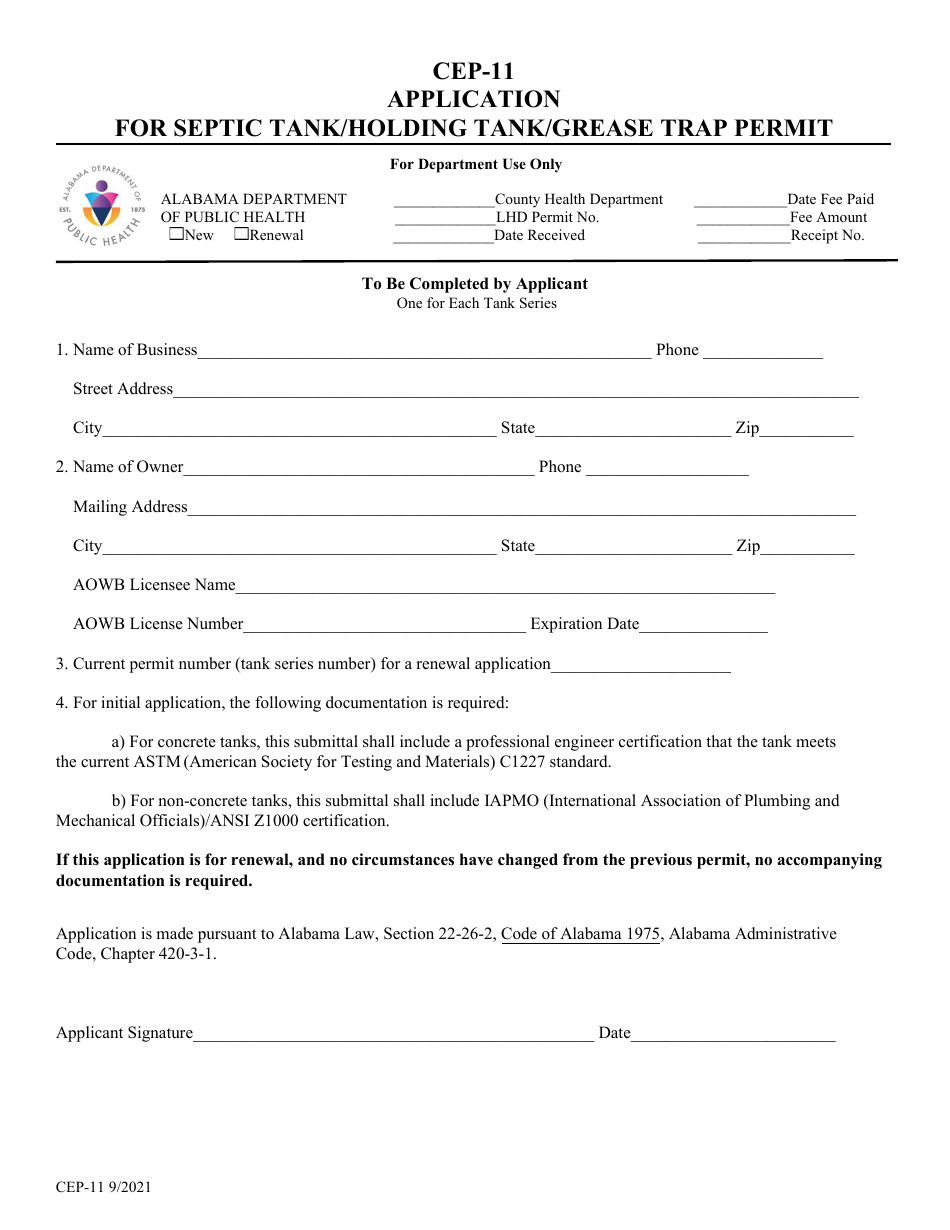 Form CEP-11 Application for Septic Tank / Holding Tank / Grease Trap Permit - Alabama, Page 1