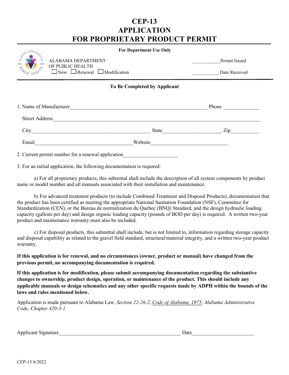 Form CEP-13 Application for Proprietary Product Permit - Alabama, Page 1