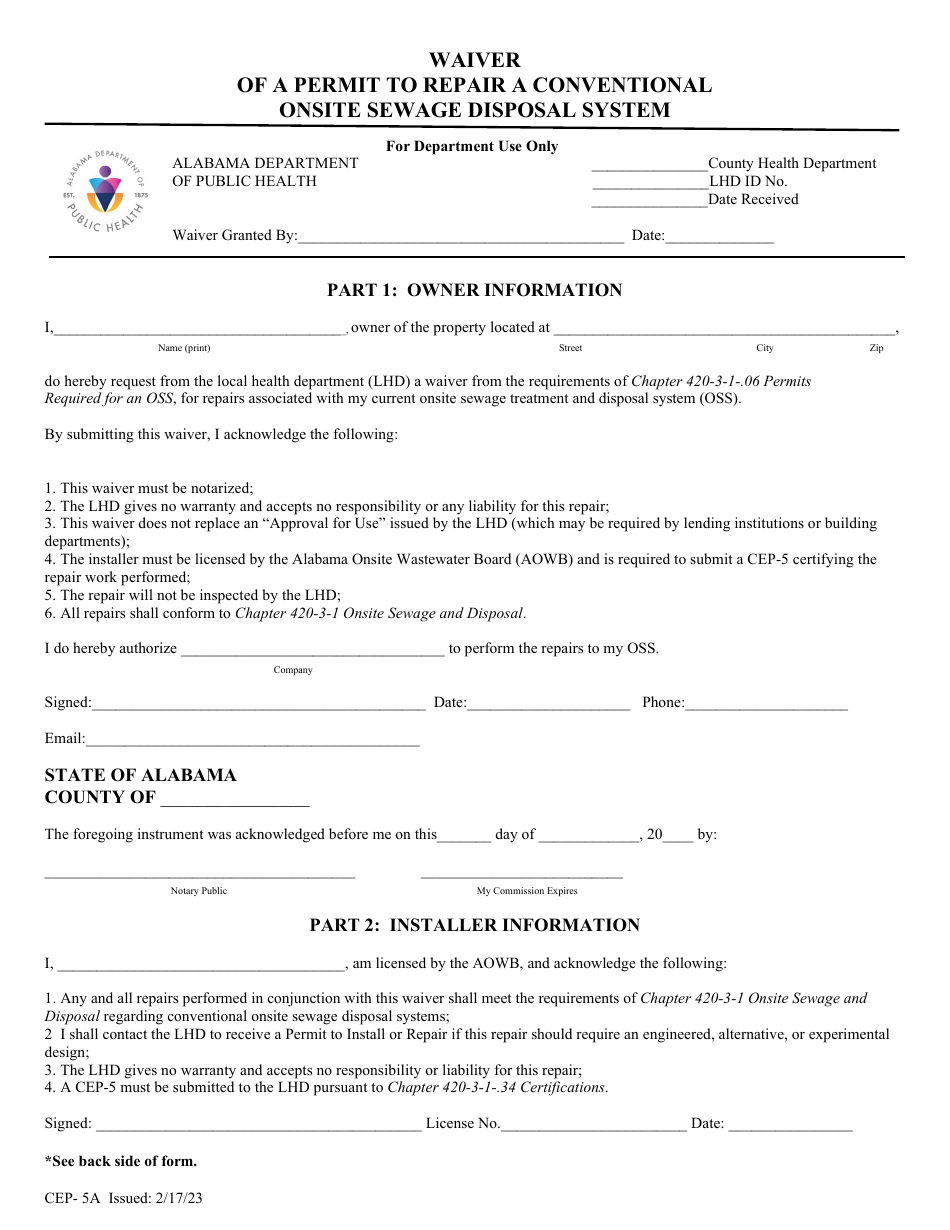 Form CEP-5A Waiver of a Permit to Repair a Conventional Onsite Sewage Disposal System - Alabama, Page 1