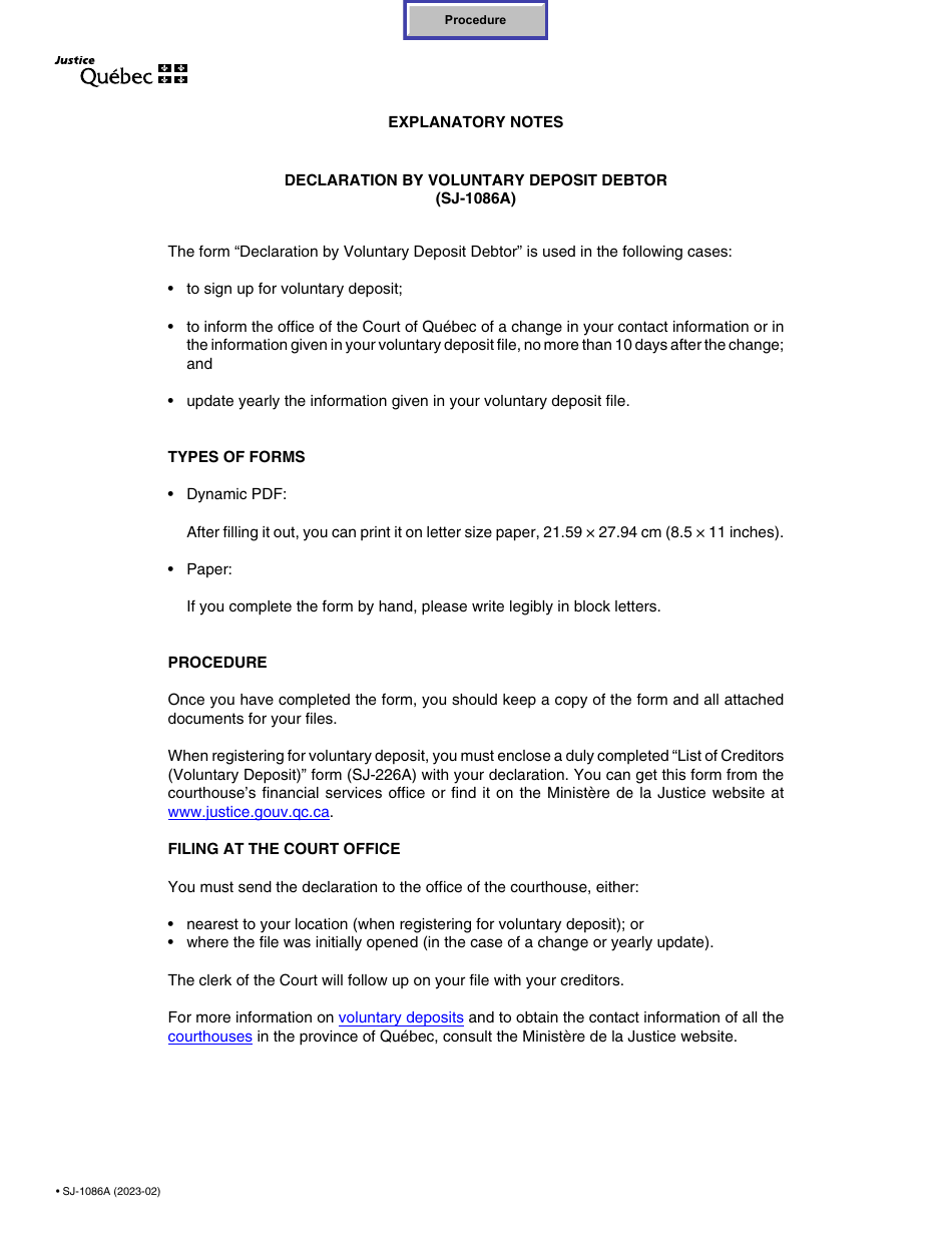 Form SJ-1086A Declaration by Voluntary Deposit Debtor - Quebec, Canada, Page 1