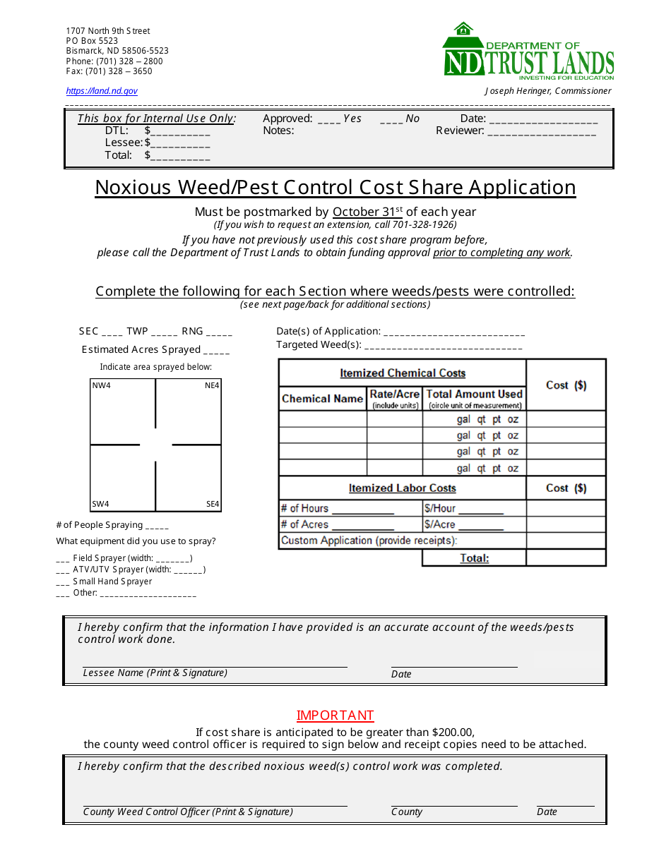 North Dakota Noxious Weed/Pest Control Cost Share Application Fill