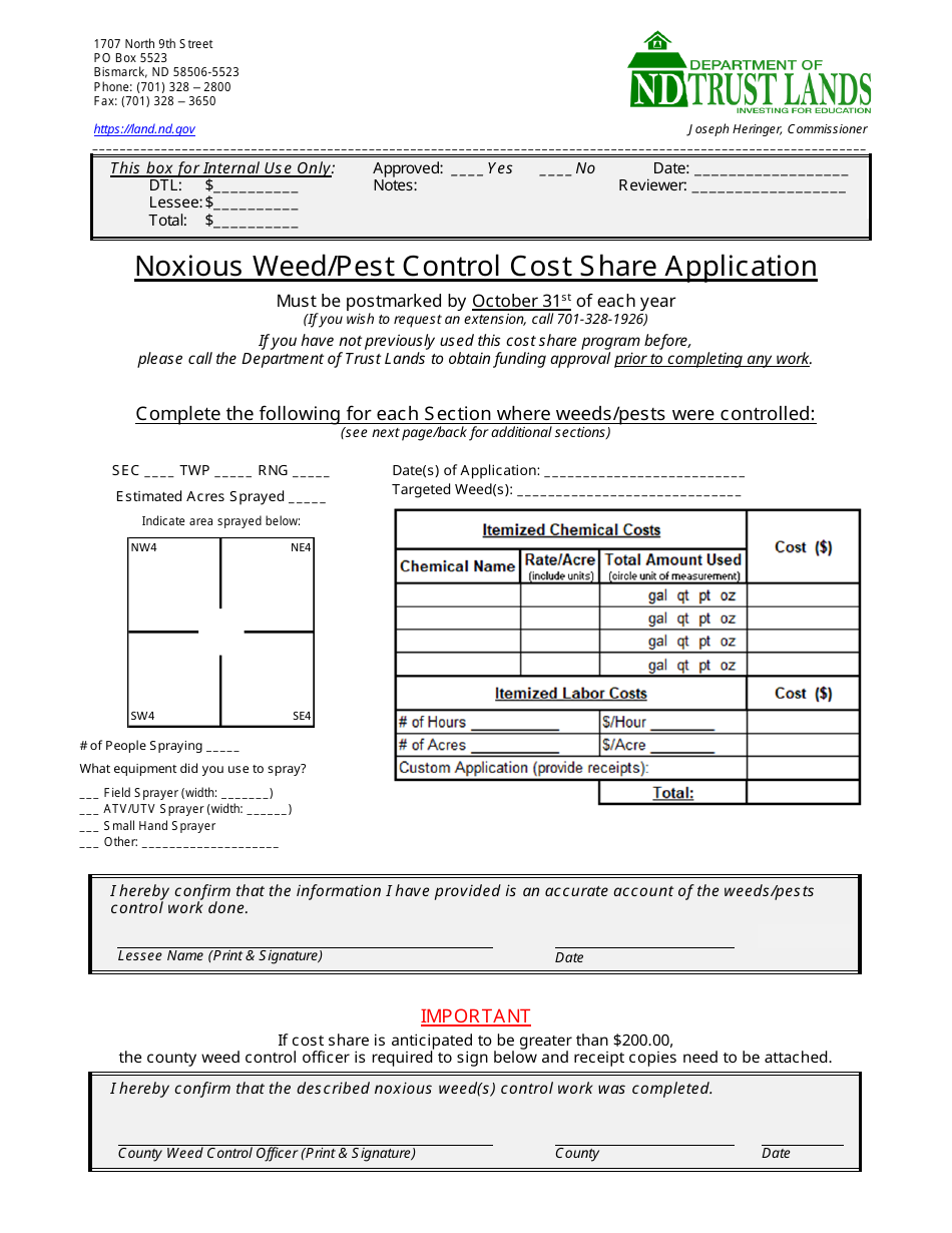 Noxious Weed / Pest Control Cost Share Application - North Dakota, Page 1