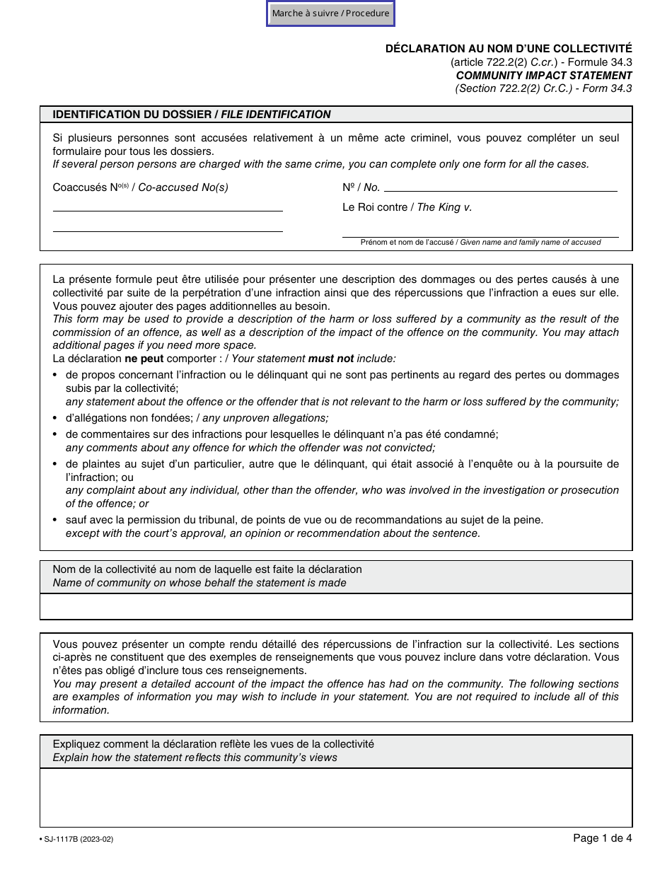 Form SJ-1117B (34.3) Community Impact Statement - Quebec, Canada (English / French), Page 1