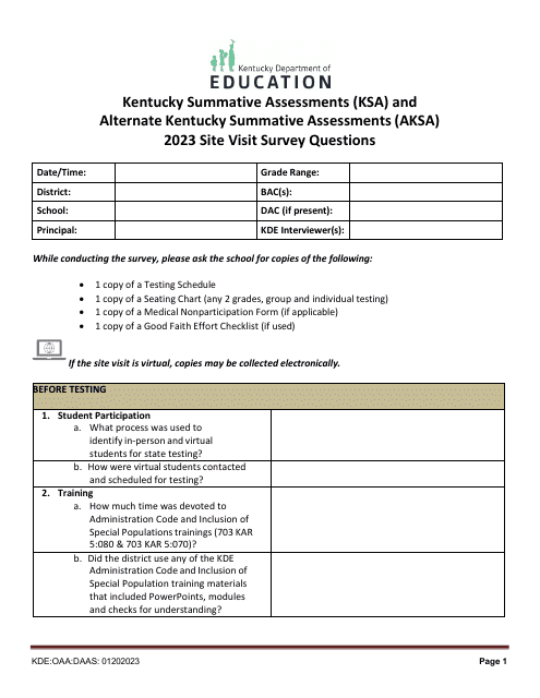 Kentucky Summative Assessments (Ksa) and Alternate Kentucky Summative Assessments(Aksa) Site Visit Survey Questions - Kentucky, 2023