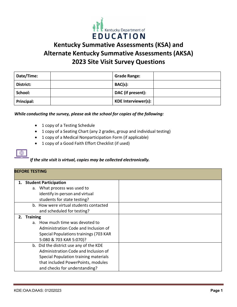 Kentucky Summative Assessments (Ksa) and Alternate Kentucky Summative Assessments(Aksa) Site Visit Survey Questions - Kentucky, Page 1