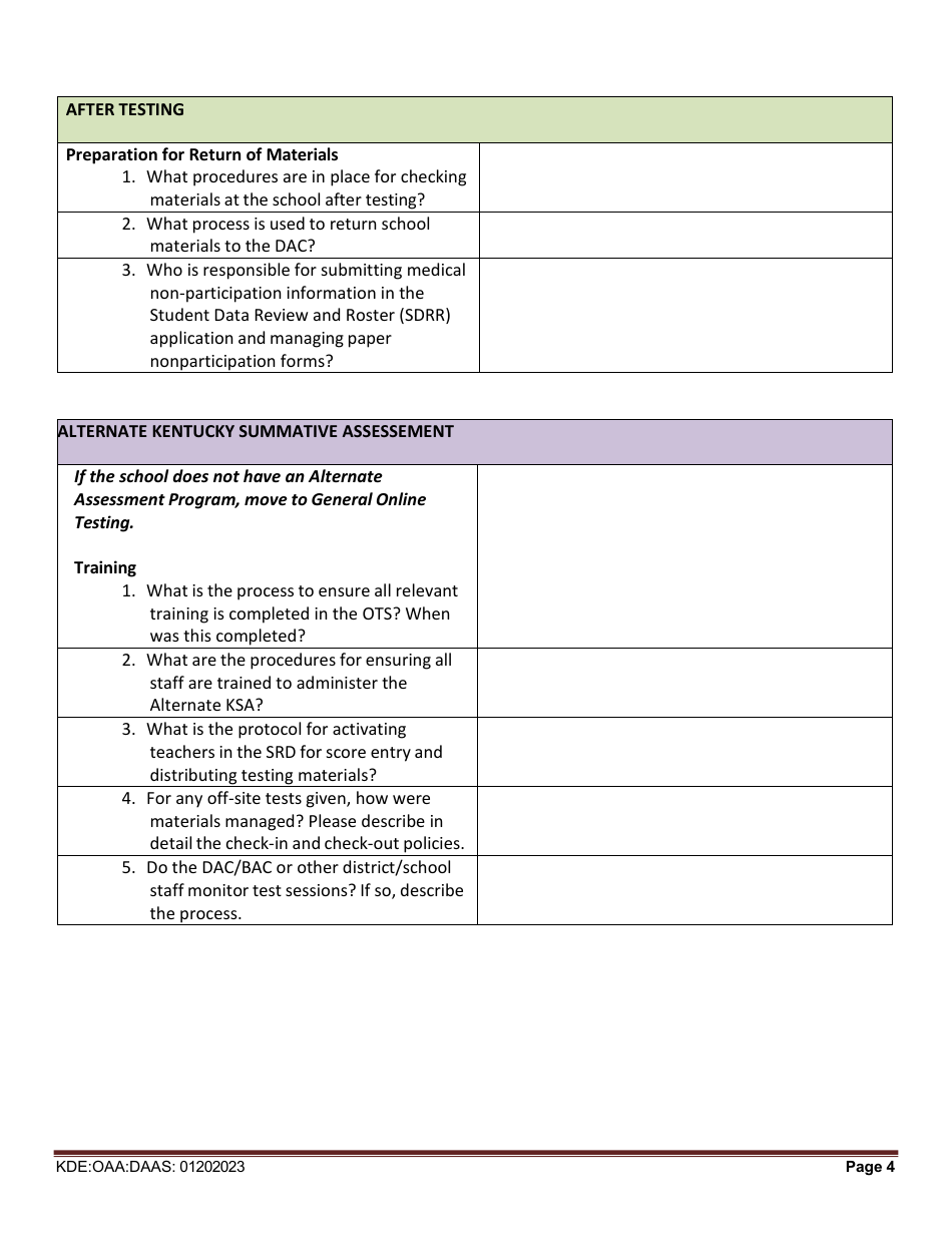 Kentucky Summative Assessments (Ksa) and Alternate Kentucky Summative Assessments(Aksa) Site Visit Survey Questions - Kentucky, Page 4