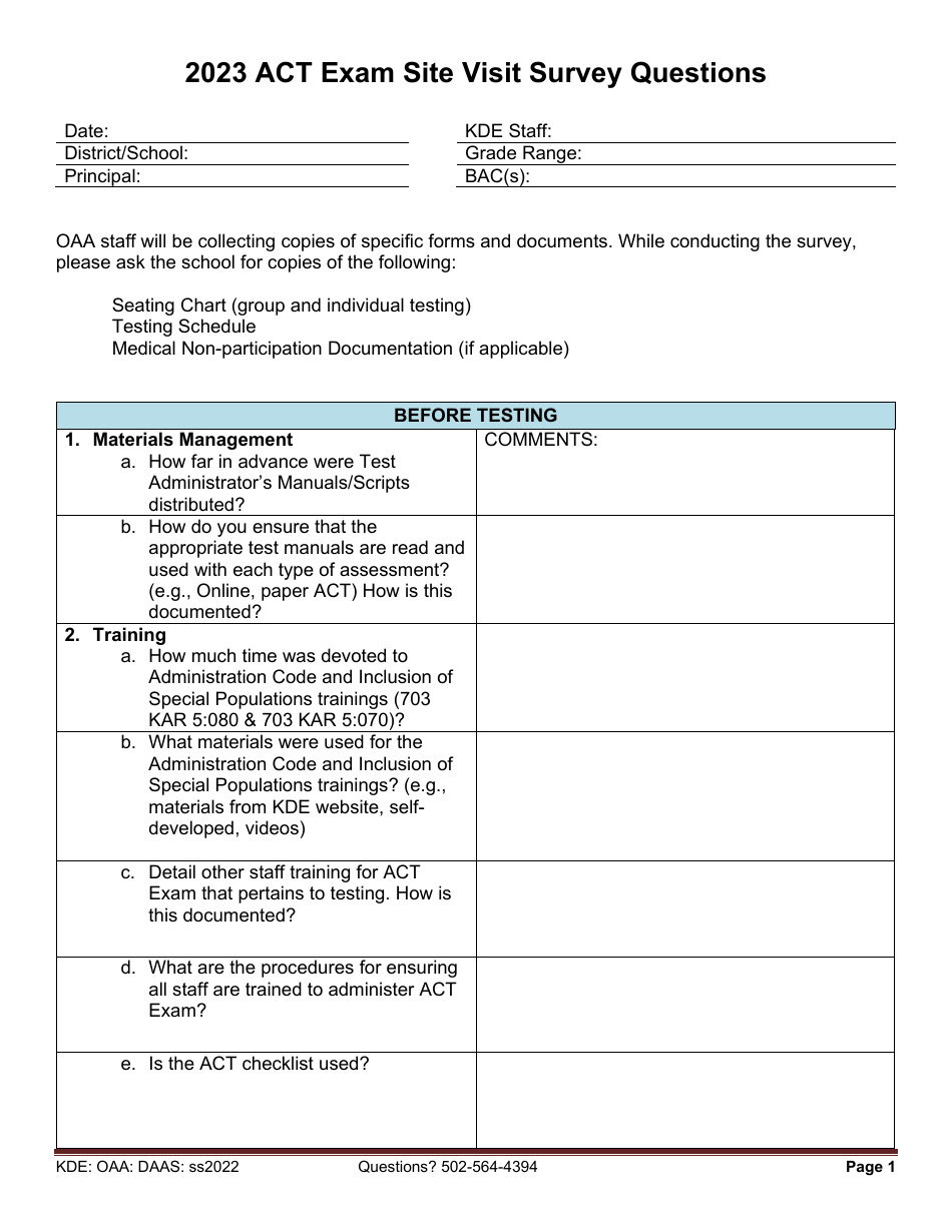 Act Exam Site Visit Survey Questions - Kentucky, Page 1