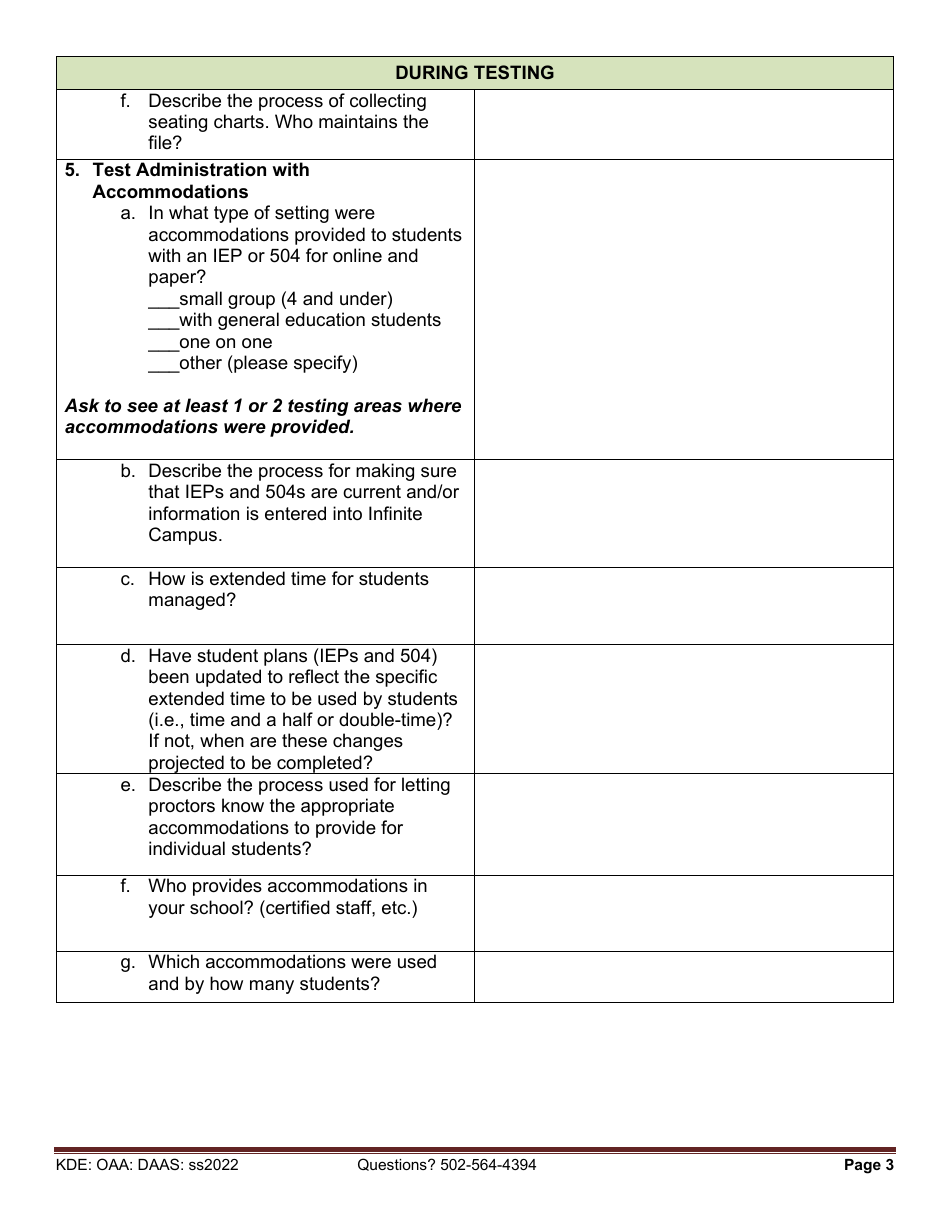 Act Exam Site Visit Survey Questions - Kentucky, Page 3